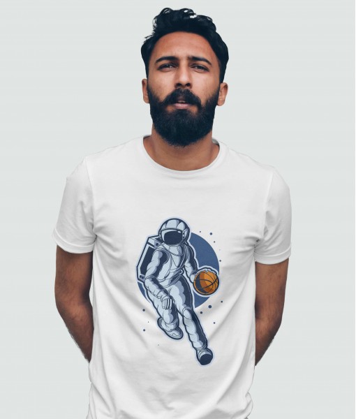 Мъжка тениска с щампа Спортни Илюстрации Basketball Dribbling astronaut